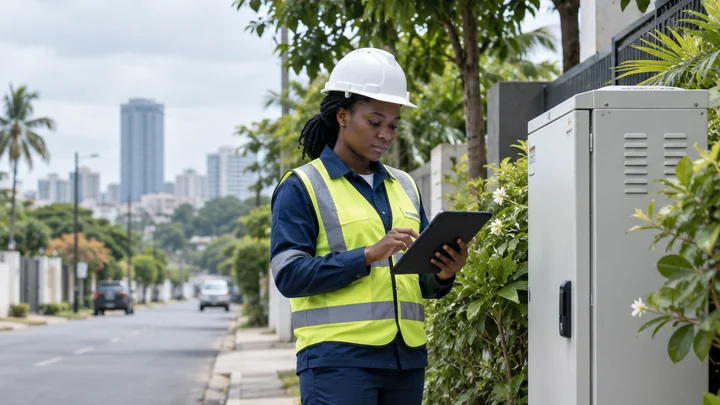 Illustration : technicienne ivoirienne consultant une tablette près d'une armoire télécom dans une rue urbaine.